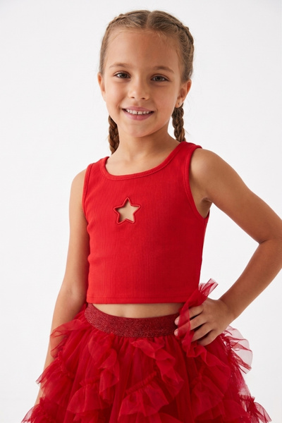 Le Mabelle Red Star Embroidered Corded Strap Crop Blouse for Girls - Cindy
