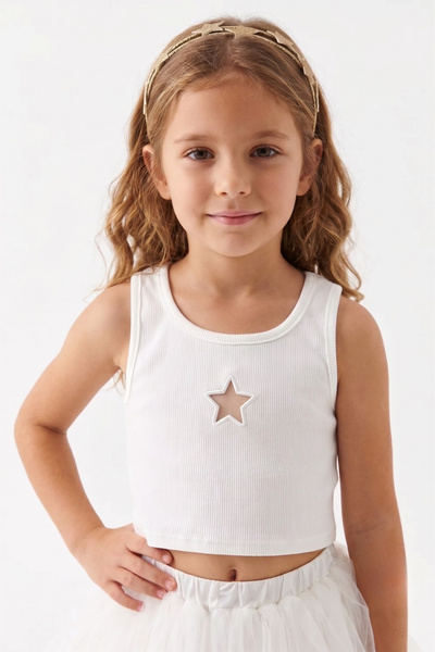 Le Mabelle White Star Embroidered Corded Strap Crop Blouse for Girls - Cindy