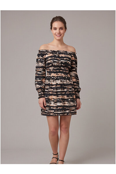 gökçesu Women's Carmen Collar Long Sleeve Elastic Waist Mini Dress