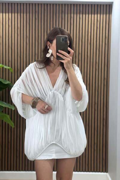 Banu Angay Celestia Drapeli Şifon Bluz Beyaz