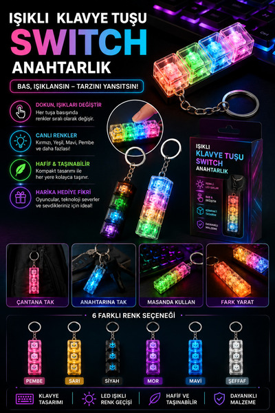 GÖZDE AKKURT Işıklı Klavye Tuşu Switch Anahtarlık – RGB LED Işıklı Mekanik Kl...