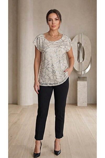 Dirim Front and Back Sequin Embroidered Boat Neck Stylish Blouse