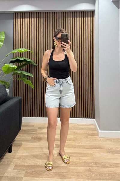 Banu Angay High Waist Denim Shorts Ice Blue