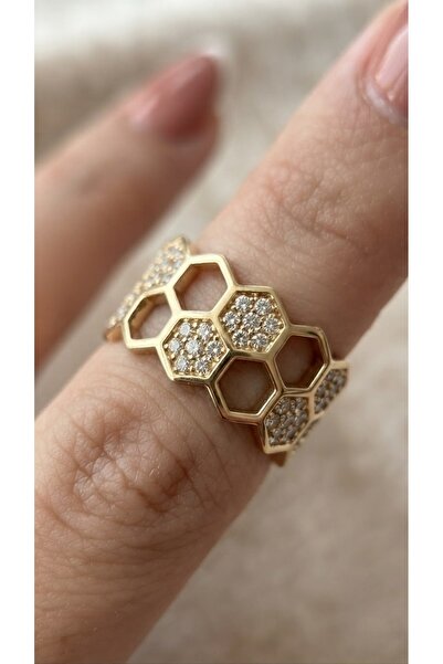 EKİDORA Honeycomb Design Zircon Stone Women's Ring Special Design Hexagonal D...