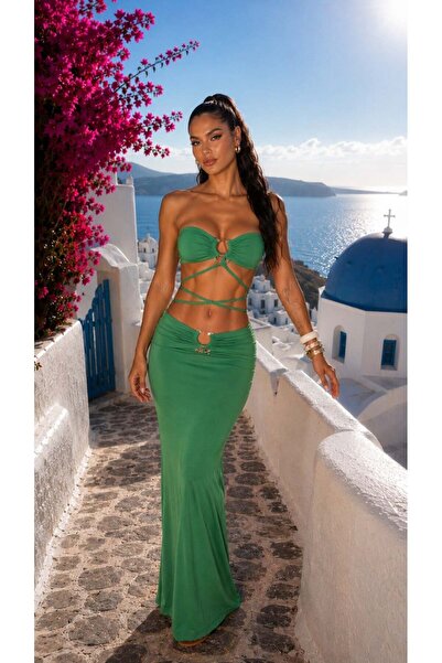 pink life Emerald Prstige Green Double Suit with Buckle Skirt