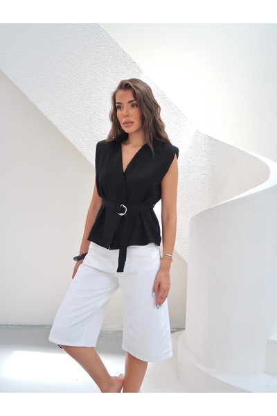 Paw Garage Women's Monelia Woven Waist-Tied Double-Breasted Shirt