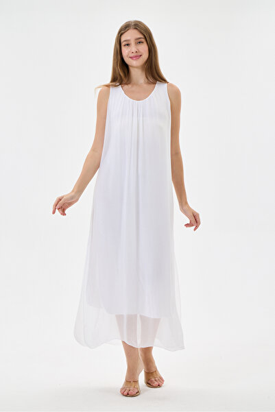 della moor White Italian Zero Sleeve Lined Plain Silk Dress Size 38 - 42