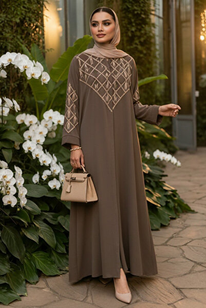 Neva Style V Embroidery Detailed Belted Light Brown Hijab Robe 29146Akh