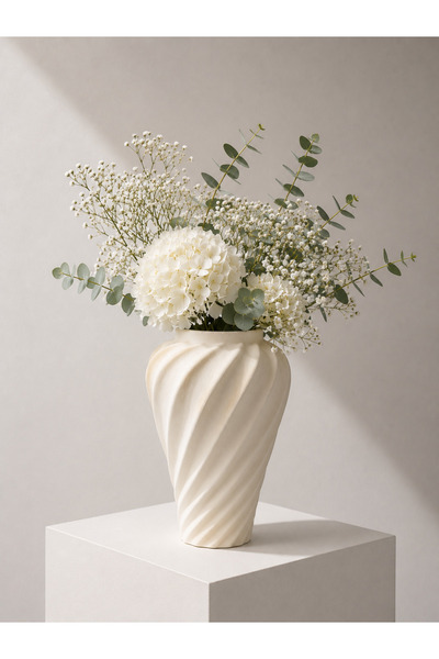 Lui Tasarım Elegant Cream-Colored Ceramic Spiral Vase 22 cm