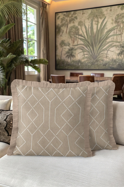 Evimde Bambaşka Luxurious Geometric Art Deco Fringed Pillowcase - Beige Cream...