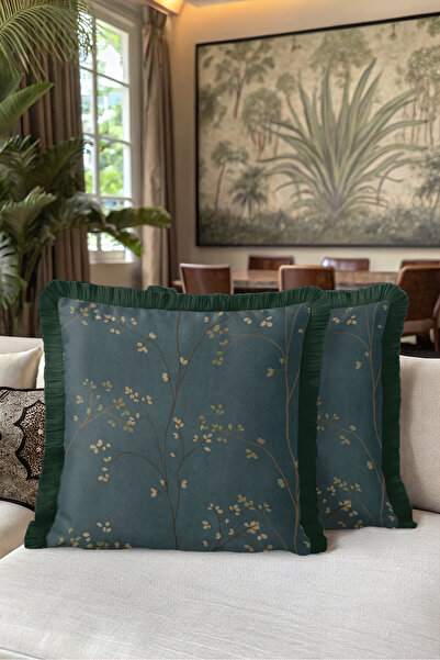 Evimde Bambaşka Elegant Fringed Pillowcase with Botanical Branch Motif - Natu...