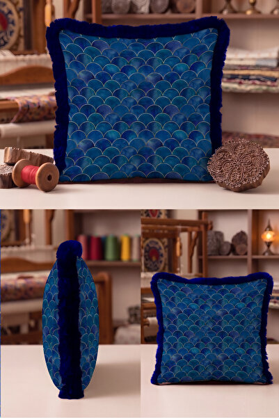 Evimde Bambaşka Art Deco Seashell Pattern Fringed Pillow Cover - Blue Navy Ta...
