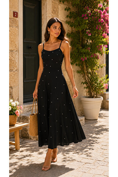 Kokosh moda Women's Pearl Detailed Strap Maxi Dress – A-Line Long Summer Chic...