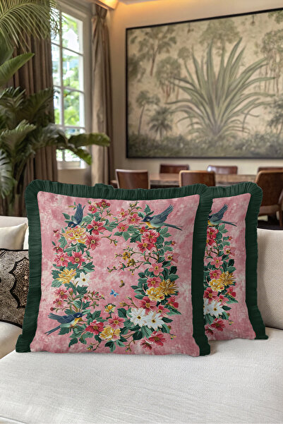 Evimde Bambaşka Spring Fringed Pillowcase with Floral Birds - Romantic Botani...