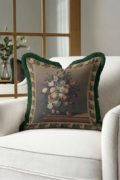 Evimde Bambaşka Vintage Floral Bouquet Elegant Fringed Pillowcase - Still Lif...
