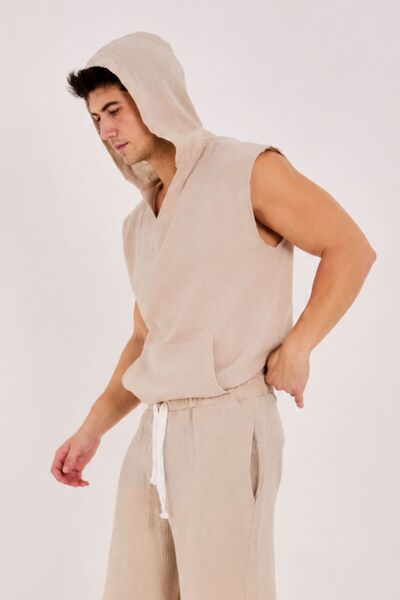 RELAXL 100% Cotton Muslin Hooded Kangaroo Pocket Beige T-Shirt Loose Fit