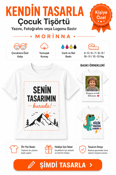Morinna Kişiye Özel Çocuk Tişörtü Fotoğraf Baskılı İsimli Yazılı Logo Baskılı...