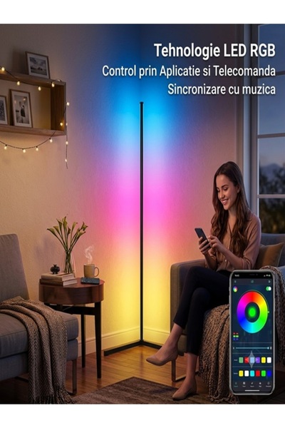 RGB Lampadar de colț, LED , Lumină multicoloră interactivă, Sincronizare muzi...