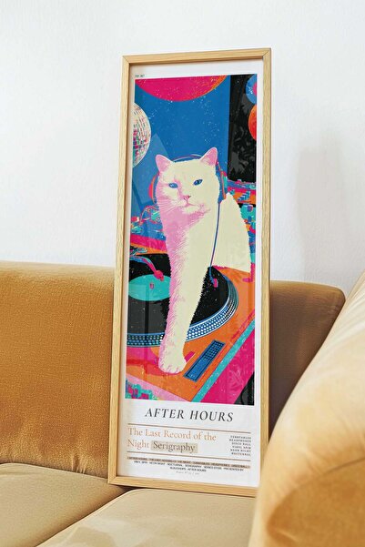 Buka Shops Kedi DJ Plak Pop Art Tablosu – Renkli Neon Dikey Sanat Posteri – A...