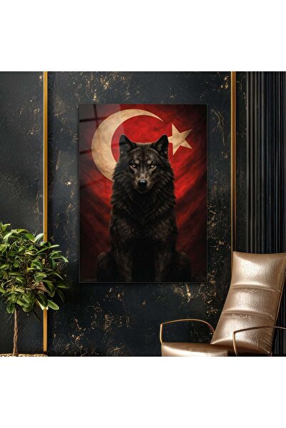 ArtStationTR Türk Bayrağı Önünde Kurt Güç Simgesi Cam Tablo