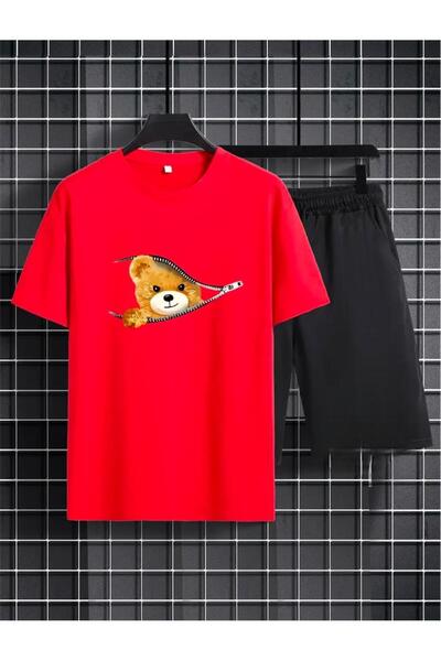 Boi Zipper Teddy Bear Pattern Printed T-Shirt Shorts Loose Fit Comfortable Fi...