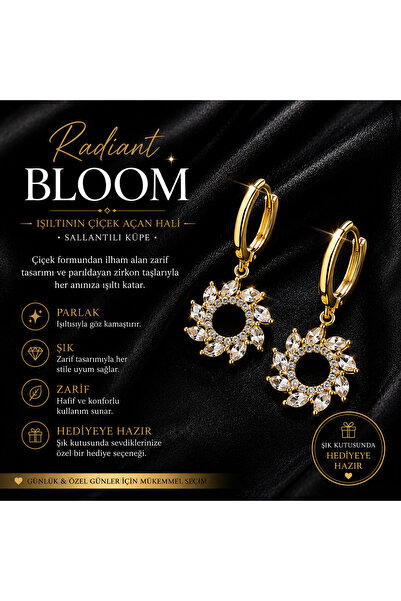Majestia Radiant Bloom Gold Çiçek Detaylı Sallantılı Küpe – Zirkon Taşlı Zari...