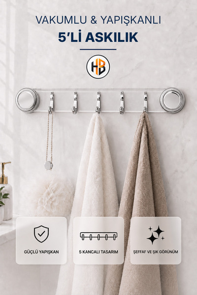 HOBİLON Busstier 5'li Vakumlu Kendinden Yapışkanlı Mutfak Banyo Askılık