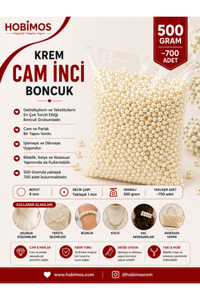 Hobimos 500 Gram 8 mm Krem Cam İnci Boncuk - A Kalite Cam İnci Boncuk