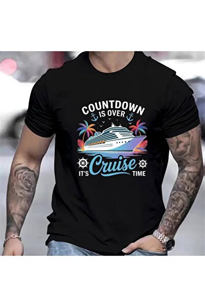 12 HERTZ تي شيرت رجالي بأكمام قصيرة أسود اللون مطبوع عليه عبارة Countdown Cru...