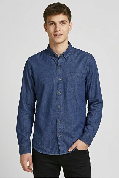 COLOR HUNT Men Slim Fit Plaid Long Sleeve Chambray Casual Shirt, Dark Blue