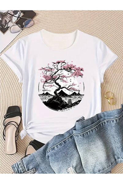 212Wear تي شيرت نسائي كاجوال بطبعة زهر الكرز - قطن ناعم، أكمام قصيرة، رقبة دا...