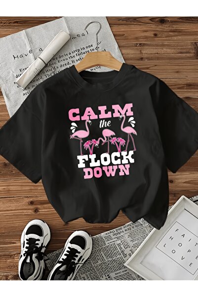 NOURAM Black Minimalist Style Flamingo Lover Printed Short Sleeve Crew Neck T...