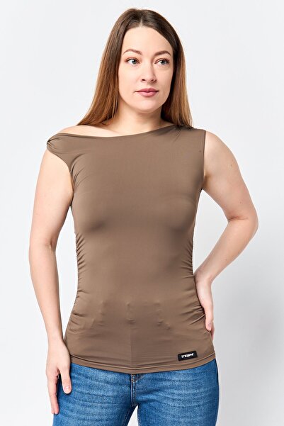 The Giving Movement Women Asymmetrical Neck Sleeveless Solid Tank Top, Taupe