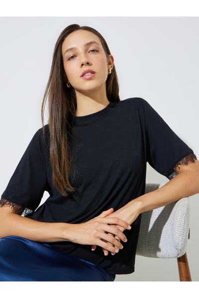 Styli Black Round Neck T-Shirt With Lace Trim