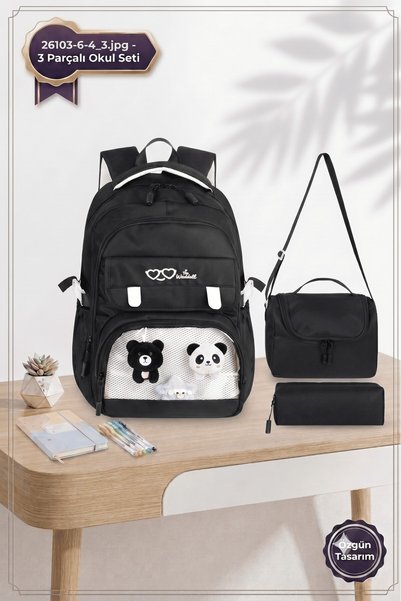 Waddell Transparent Luxury Primary-Secondary School Twill 3-Piece Set Bag with Toys, Thermal Lunch Bag and Pen Holder