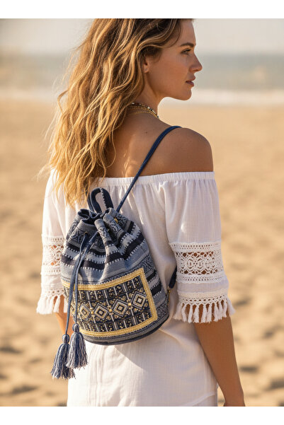 MILANO COLLECTION Rucsac boho bleu, romburi brodate manual, bun de plajă
