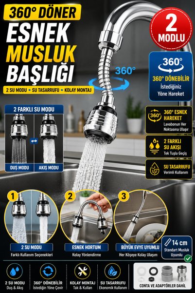 Hane Dostu 360° Döner Esnek Musluk Başlığı 2 Modlu Su Tasarruflu Hortumlu Per...