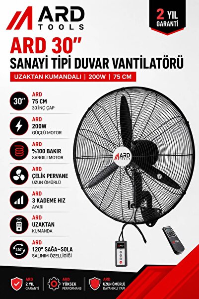 ARD 30 İNÇ MEGA BOY UZAKTAN KUMANDALI DUVARA SABİTLİ SANAYİ TİPİ VANTİLATÖR