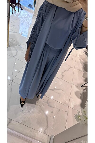 KEİVA Şükran Ekin Fashion Büzgü Kol Detaylı Kuşaklı Kimono Takım - Buz Mavisi