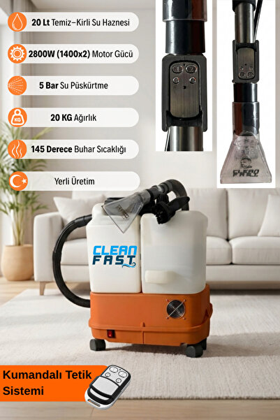 Cleanfast Titan 20L Kumandalı Profesyonel Çift Motorlu (1400x2) 2800W 5 Bar Buharlı Koltuk ve Halı Y