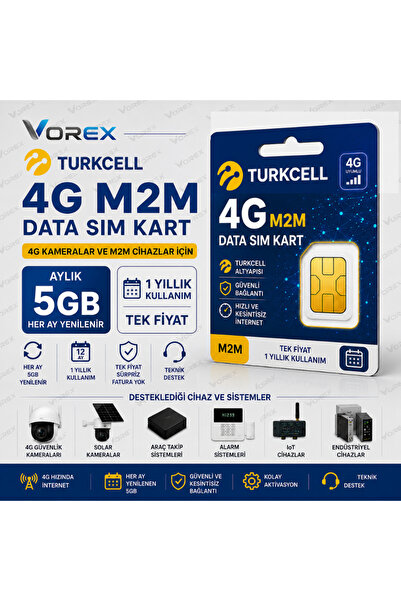 VOREX Turkcell 4G M2M Data SIM Kart 1 Yıllık Kullanım Aylık 5GB Kamera Alarm ...