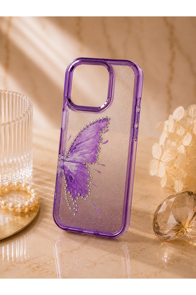 botyco Iphone 13 Pro (6.1 inç) Uyumlu Simli Şeffaf Kelebek Desenli Renk Geçiş...