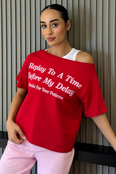 Aryena Red Women's Athlete Combination Printed T-Shirt