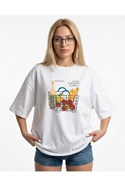 TrendAllStore White Color Farmers Market Printed Oversize Short Sleeve Summer...