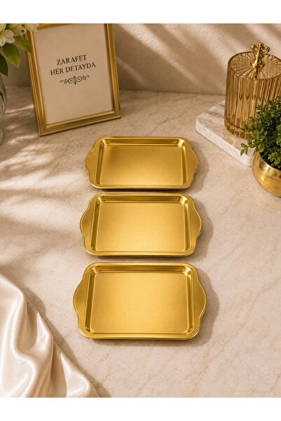 BYSABO 3'LÜ Kare Mini Gold Kahve Sunum Tepsisi-Lüx Servis Tepsisi 24/18 cm