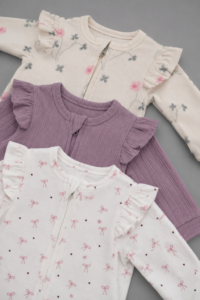 My Babies Label Kız Bebek 3’lü %100 Pamuk Fırfır Omuzlu Fermuarlı Yenidoğan T...