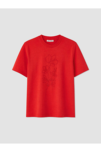 LC Waikiki Lcw Modest Red Embroidered 100% Cotton Women's T-Shirt