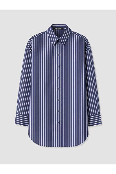 LC Waikiki Lcw Modest Navy Blue Striped Oversize Women's Shirt Tunic