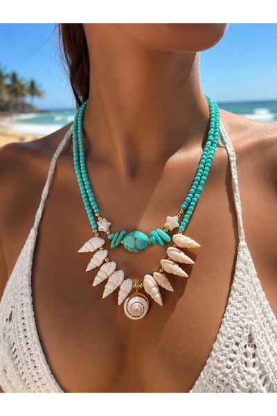 Elmosia Jewelry قلادة بوهيمية من الحجر الطبيعي باللون الفيروزي مع صدفة بحرية ...