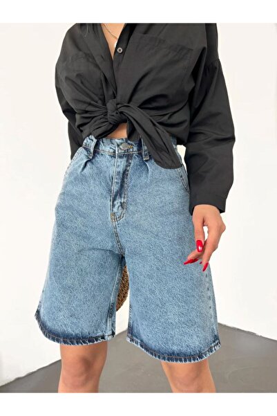 nido moda Kadın Yüksek Bel Geniş Paça Denim Şort
